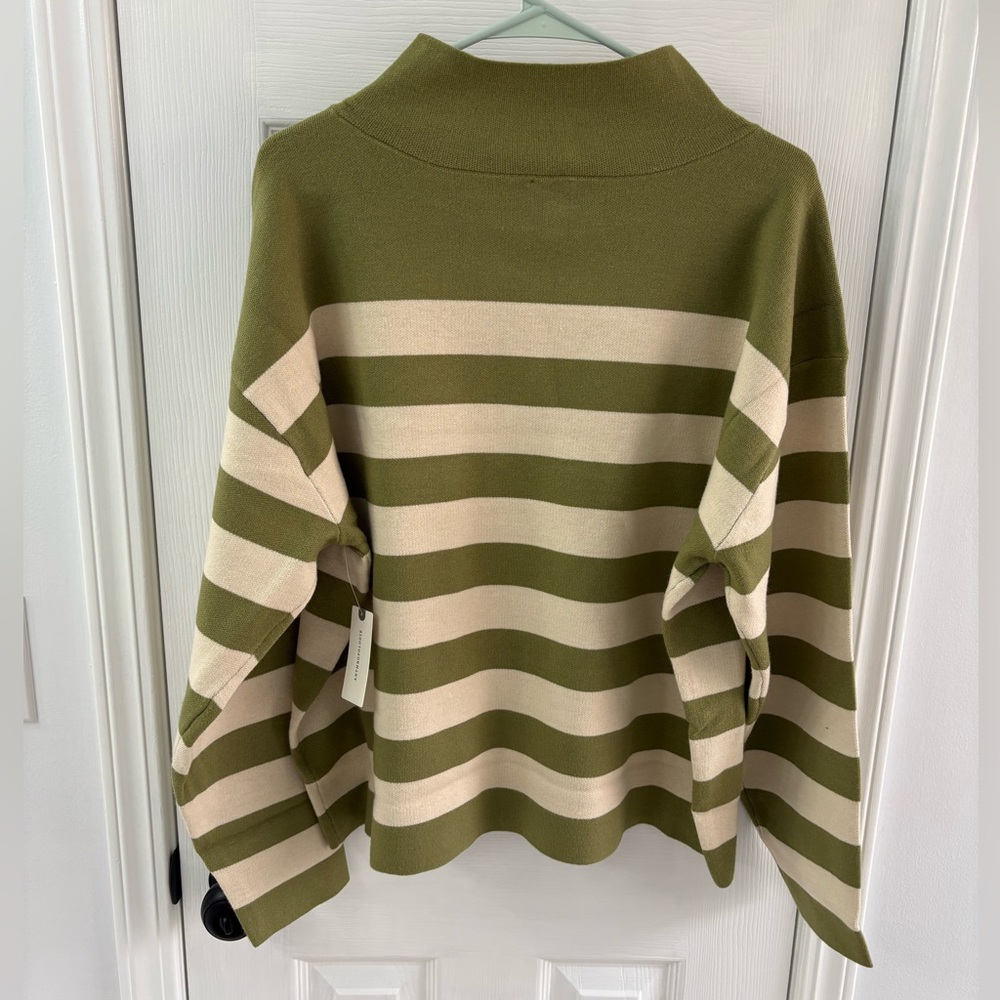 Anthropologie Maeve Carys Mock Neck Green and Cream Striped Sweater - Picture 3 of 6